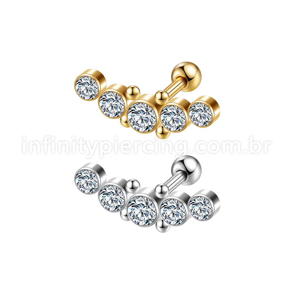 Piercing Minibarbell Aço Cirúrgico 5 Pedras Strass